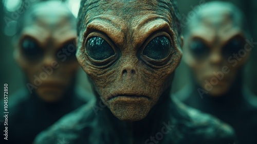 Three aliens with big eyes and faces are standing in front of each other photo