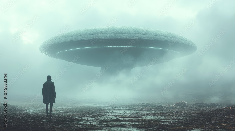 A man stands in front of a large, alien-like object A man stands in front of a large, alien-like object