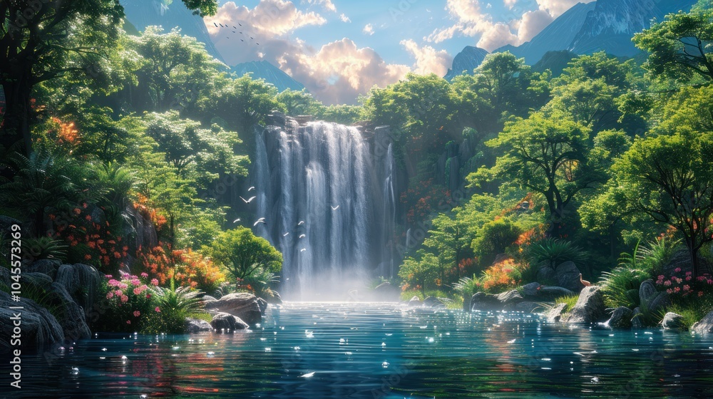 Fototapeta premium Tranquil Waterfall in Lush Tropical Paradise
