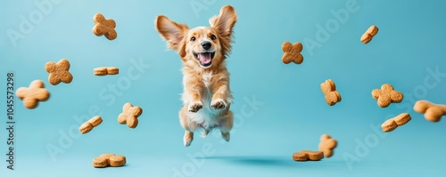 Happy puppy in mid-jump, surrounded by floating dog biscuits, dynamic action shot with a bright blue background for pet products photo