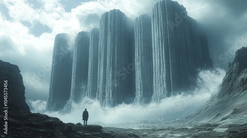 A man stands in front of a large mountain, looking up at the sky