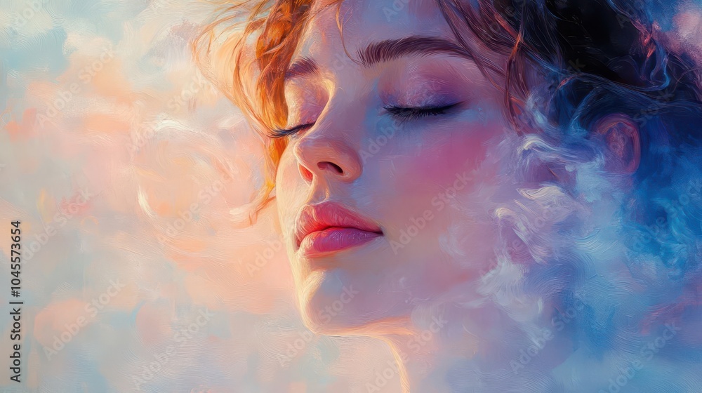 serene visage illuminated by soft light eyes closed embodying tranquility and mindfulness surrounded by gentle swirling mist in muted pastels serene visage illuminated by soft light eyes closed embodying tranquility and mindfulness surrounded by gentle swirling mist in muted pastels