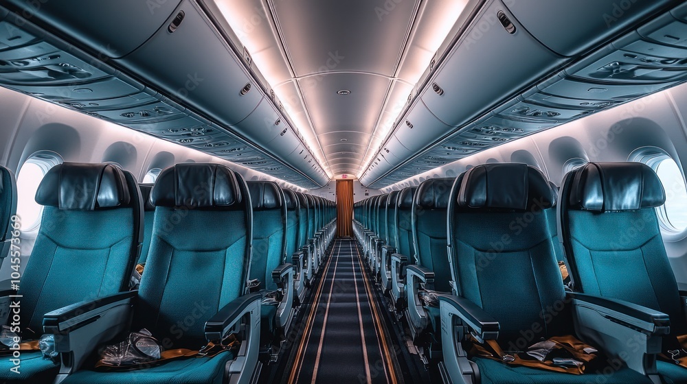 Fototapeta premium Empty airplane cabin with rows of blue seats and a view of the aisle leading to the back of the plane.
