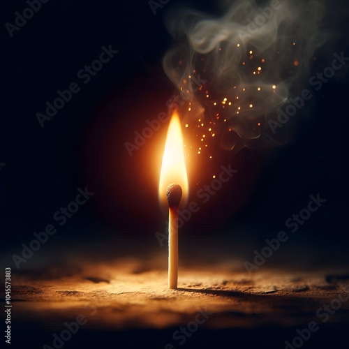 Glowing Matchstick Flame with Sparks and Smoke on Wood photo