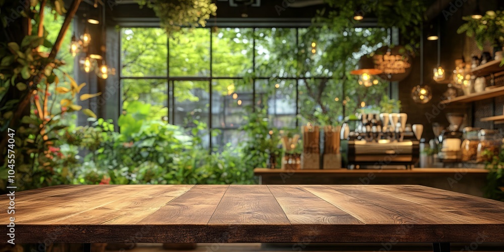 Wooden Table in a Cozy Cafe with Greenery Wooden Table in a Cozy Cafe with Greenery