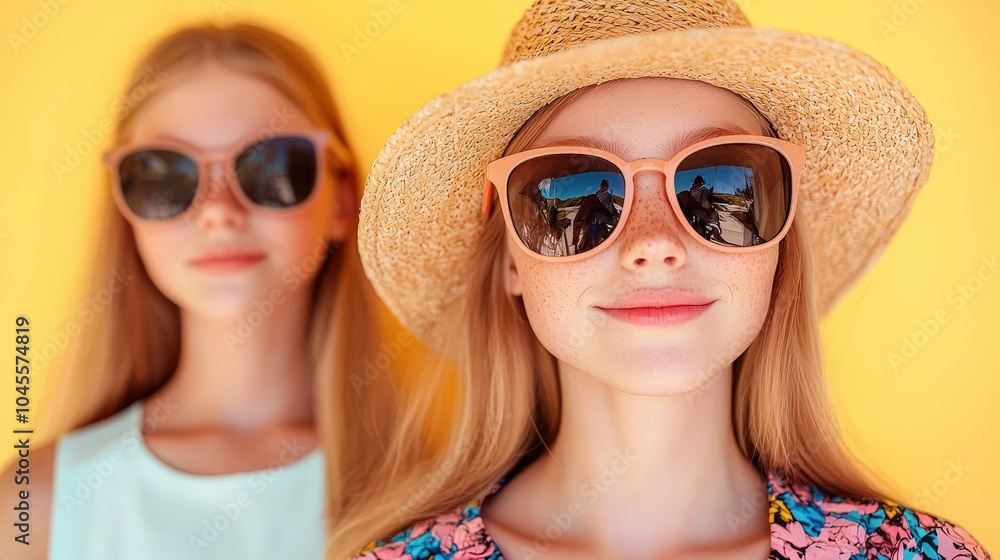 Happy Girls in Sunglasses and Summer Hats Against Yellow Background Happy Girls in Sunglasses and Summer Hats Against Yellow Background