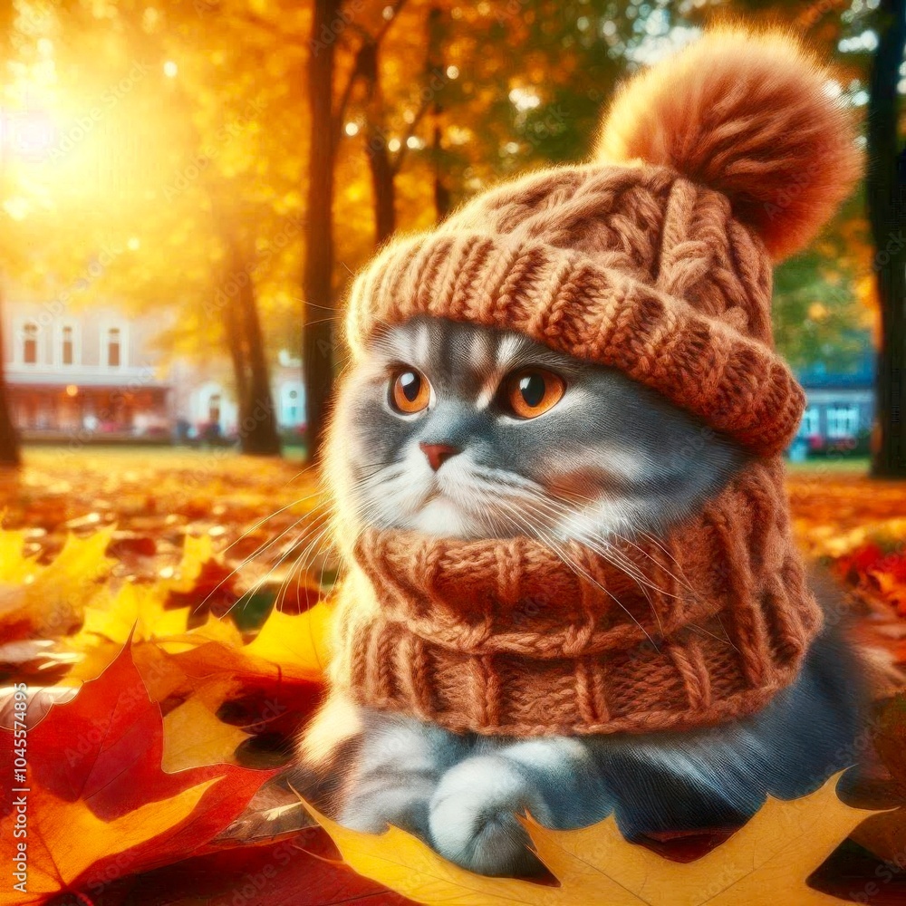 A cat in a knitted hat and scarf against the backdrop of autumn nature. Celebration of knitting and crocheting.