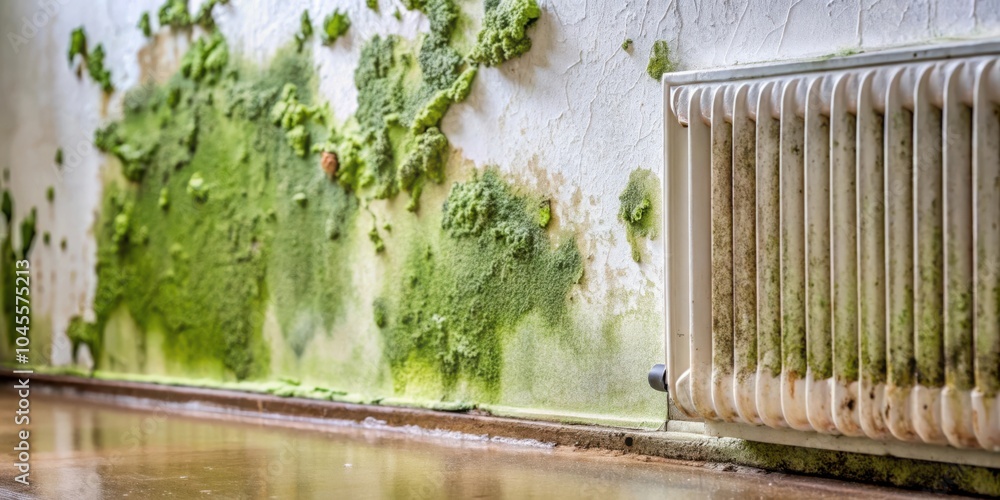 Fototapeta premium A white radiator covered in green mold sits against a wall with a damp and moldy baseboard.