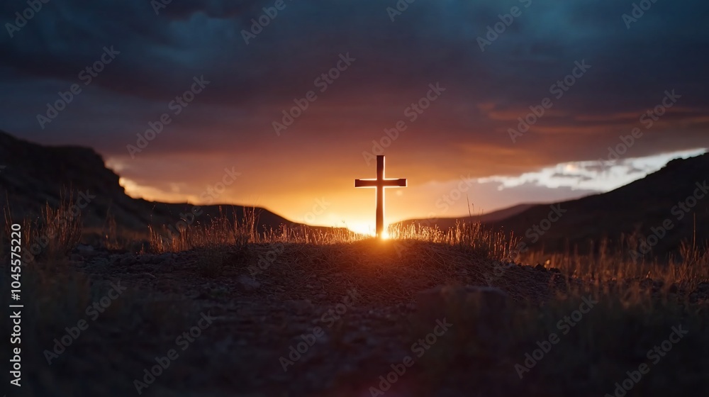 Wooden cross silhouetted against a sunset sky, with mountains in the background. Wooden cross silhouetted against a sunset sky, with mountains in the background.