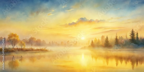 A Watercolor Painting Depicting a Tranquil Lake Scene with Fog and Golden Sunlight at Dawn