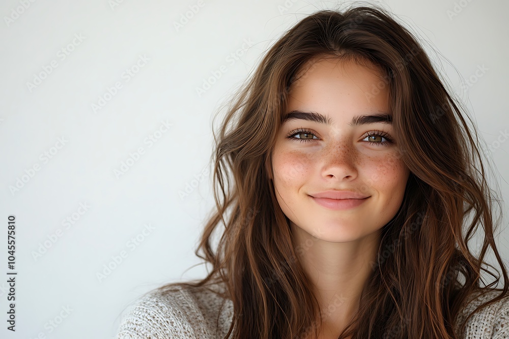 Portrait of a beautiful young woman with freckles smiling Portrait of a beautiful young woman with freckles smiling