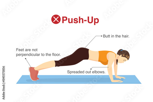 Women doing wrong Pushup posture and things to avoid in exercise. Mistake workout pose guide.