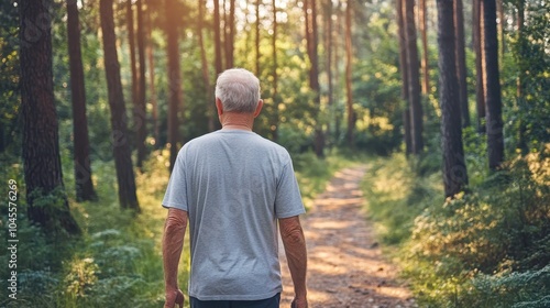 An older man strolls along a serene trail, embraced by the beauty of tall trees all around him