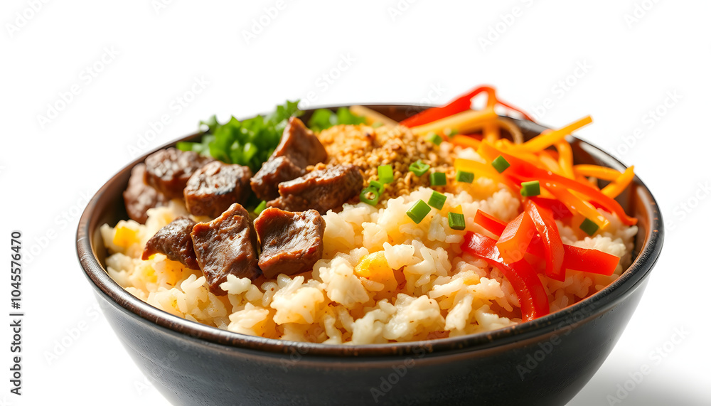 Bibimbap - rice with beef and vegetables isolated with white highlights, png Bibimbap - rice with beef and vegetables isolated with white highlights, png