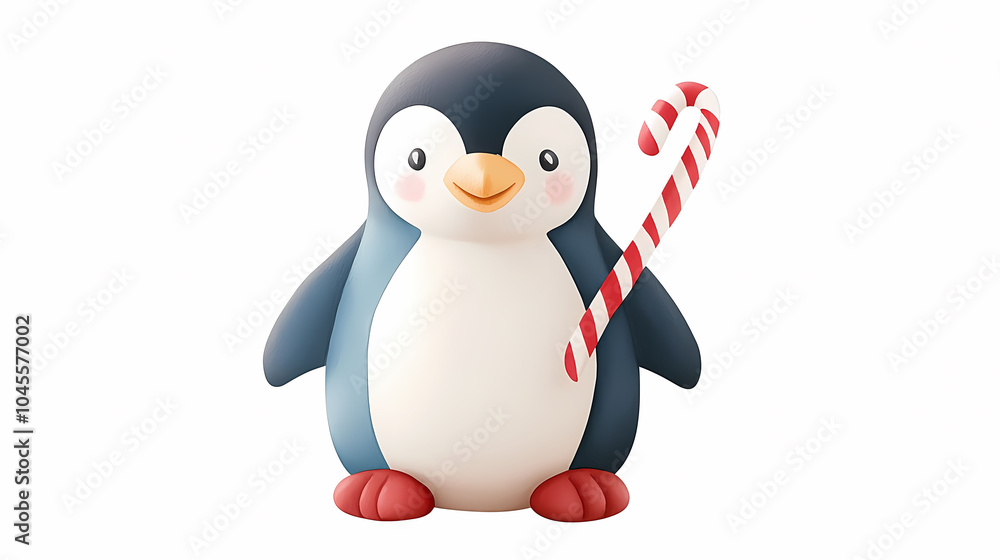 Fototapeta premium Cute penguin holding candy cane, perfect for festive decorations!