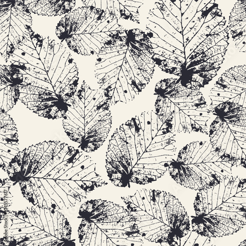 Seamless pattern with monochrome tree leaves stamps. Nature black and white grunge background. Floral inky repeat design.