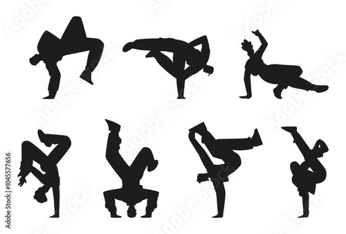 Silhouettes demonstrating breakdancing positions on an isolated background.