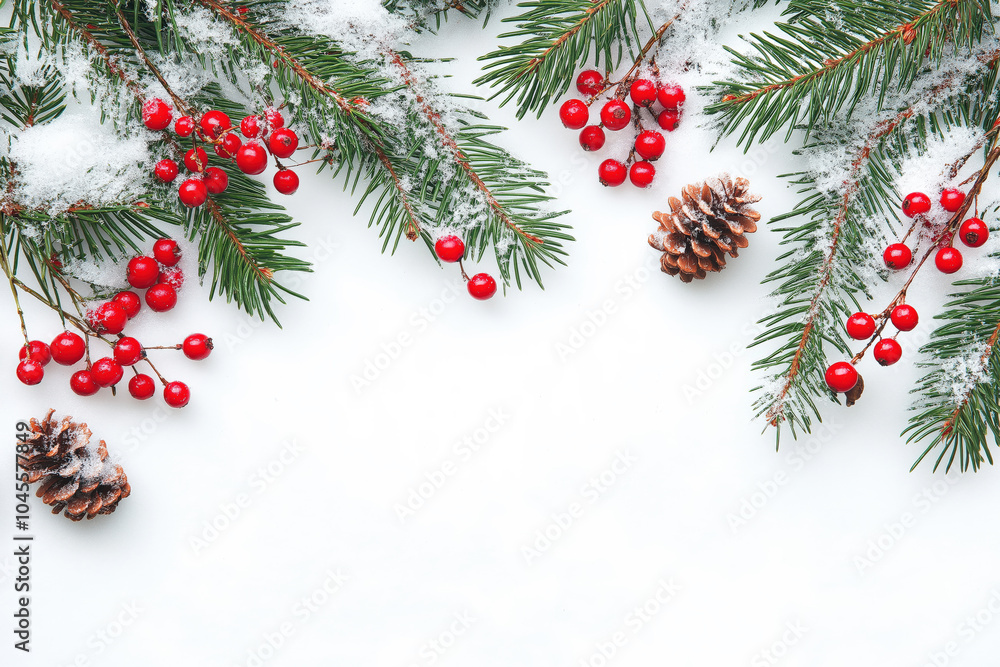 Snow-covered pine branches, bright red berries, and pinecones frame a white background, creating a festive and natural holiday scene. Snow-covered pine branches, bright red berries, and pinecones frame a white background, creating a festive and natural holiday scene.