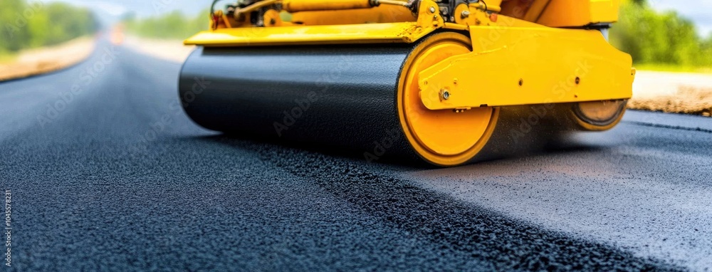 A road roller lays fresh asphalt on a sunny construction site under a clear blue sky A road roller lays fresh asphalt on a sunny construction site under a clear blue sky