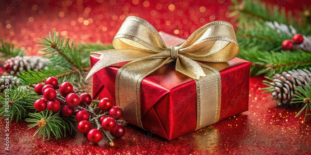 A Festive Red Gift Box Adorned with a Golden Bow, Nestled Among Evergreen Branches and Sparkling Red Glitter A Festive Red Gift Box Adorned with a Golden Bow, Nestled Among Evergreen Branches and Sparkling Red Glitter