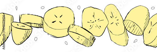 Pieces of banana slice snack seamless border. Topical fresh banana slice cut fruit vector graphic illustration. National Banana Day
