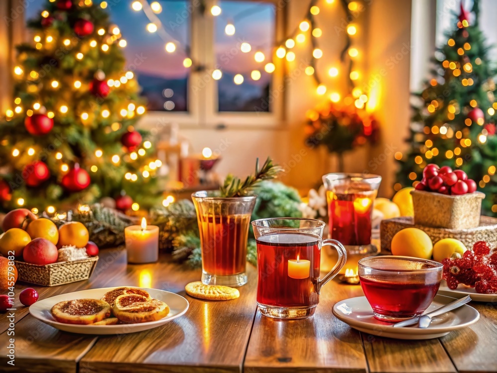 Naklejka premium Cheerful Christmas Celebration with Festive Drinks and Decorations