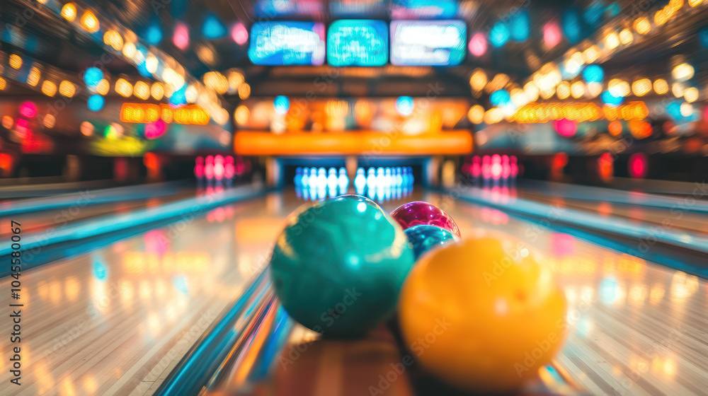 Fototapeta premium Colorful bowling balls in rack with blurred lanes and pins in the background. Indoor bowling alley with vibrant lighting. Sports and recreation concept