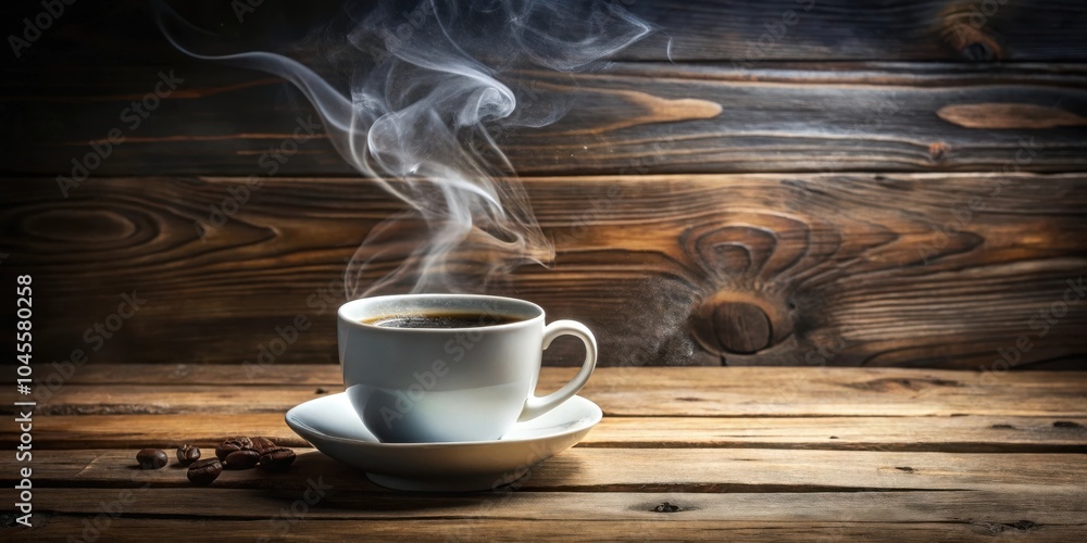 A steaming cup of coffee sits on a rustic wooden table with scattered coffee beans, ready to be enjoyed. A steaming cup of coffee sits on a rustic wooden table with scattered coffee beans, ready to be enjoyed.