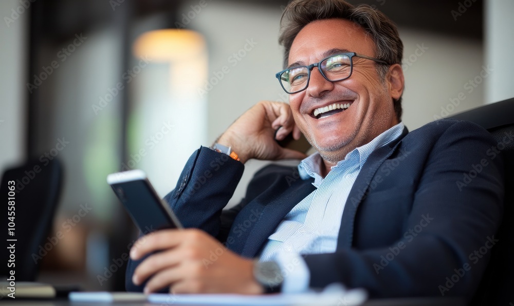 happy middle aged business man is using mobile phone while sitting in office. He is smiling and appears relaxed, wearing glasses and suit. atmosphere is professional yet casual happy middle aged business man is using mobile phone while sitting in office. He is smiling and appears relaxed, wearing glasses and suit. atmosphere is professional yet casual