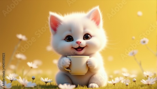 Adorable white kitten holding a cup amidst daisies on a sunny day, captivating charm and warmth.