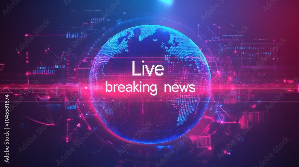 Live breaking news displayed on digital background with glowing globe, highlighting urgency and immediacy of current events. vibrant colors enhance dynamic atmosphere Live breaking news displayed on digital background with glowing globe, highlighting urgency and immediacy of current events. vibrant colors enhance dynamic atmosphere