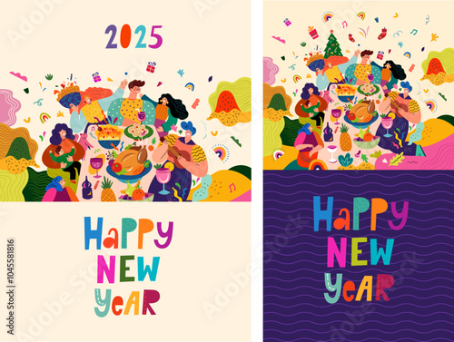 Happy New Year vector illustration. Happy people in a friendly company celebrate the New Year. Traditional holiday dinner in the family circle. Holiday New Year party. Christmas decorative banner 