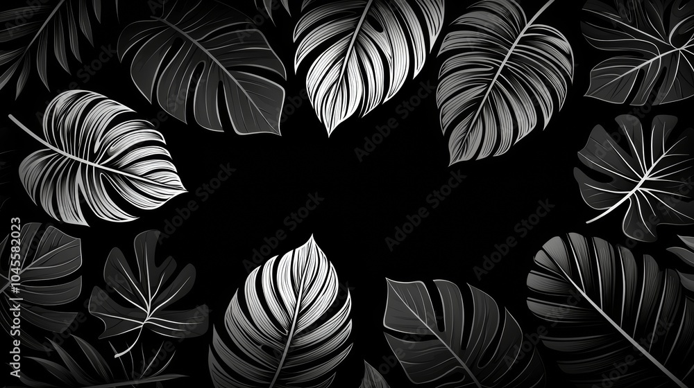 Monochrome Leaf Pattern on Black Background Monochrome Leaf Pattern on Black Background