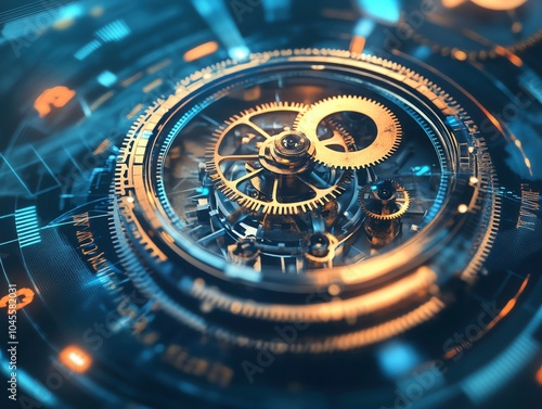 Wallpaper Mural Abstract closeup of a vintage clock with gears and cogs, blending into a modern digital interface, symbolizing the passage of time Torontodigital.ca