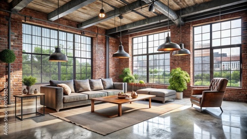 A spacious living room with large windows, exposed brick walls, wooden beams, and a comfortable leather armchair