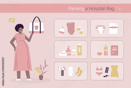African american pregnant woman holds hospital bag. Pregnant woman with things for unborn child in bag going to maternity hospital before giving birth.