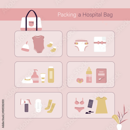 Packing a hospital bag. Things for unborn child in bag going to maternity hospital before giving birth. Set of different things and clothes.