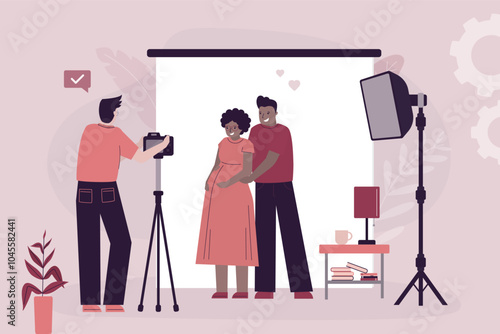 Photo session pregnant couple. Young parents came to photographer. Artist with camera. Photo studio with softbox. Photos female waiting baby, shoot of happy maternity