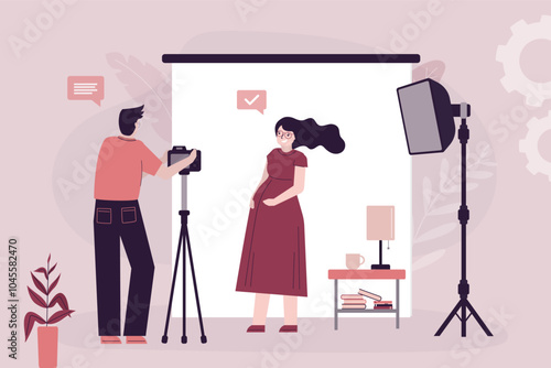 Photo session pregnant woman. Young girl came to photographer. Artist with camera. Photo studio with softbox. Photos female waiting baby, shoot of happy maternity