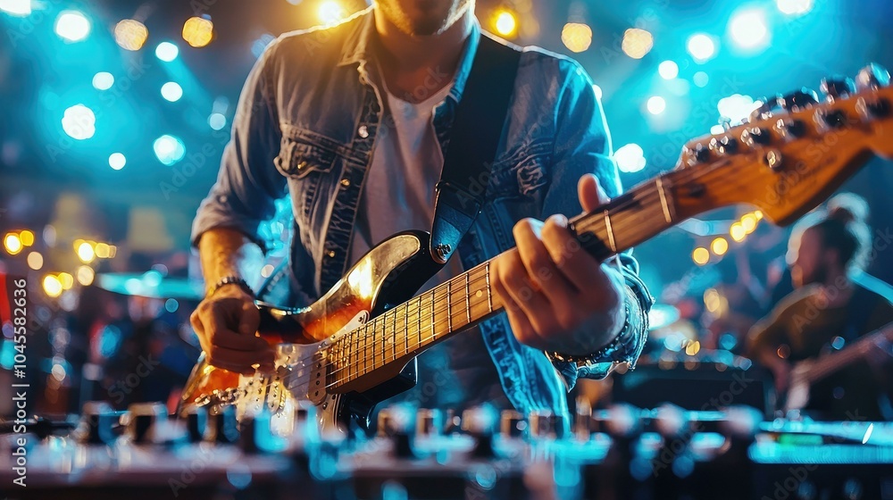 Obraz premium A passionate guitarist performing on stage with spectacular lighting, surrounded by a lively audience, creating an electrifying atmosphere that showcases the joy of live music and entertainment.