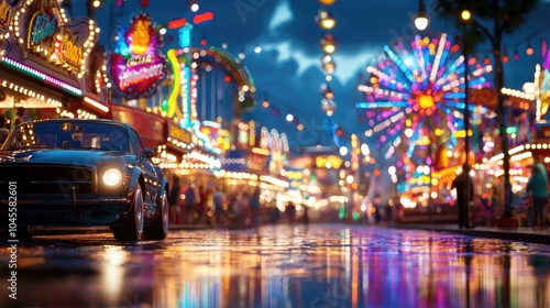 A vibrant nighttime carnival scene illuminated by colorful lights, showcasing attractions like a Ferris wheel and booths, with a wet street reflecting the lively atmosphere of summer festivities. photo