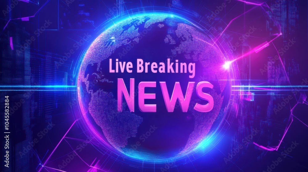 vibrant digital graphic featuring text Live Breaking News in bold, glowing letters against futuristic, neon lit globe background. image conveys urgency and modernity vibrant digital graphic featuring text Live Breaking News in bold, glowing letters against futuristic, neon lit globe background. image conveys urgency and modernity