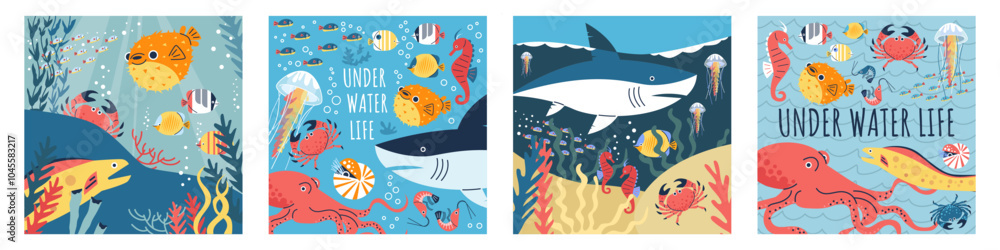 Fototapeta premium Vector illustrations with a shark, jellyfish, moray eels, crabs, exotic fish and many others