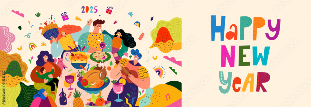 Obraz premium Happy New Year vector illustration. Happy people in a friendly company celebrate the New Year. Traditional holiday dinner in the family circle. Holiday New Year party. Christmas decorative banner 