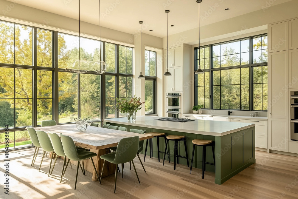 Fototapeta premium A cozy kitchen-dining area with matte pistachio-green cabinets, with a dwarf olive tree brings a touch of nature to the corner of the room 