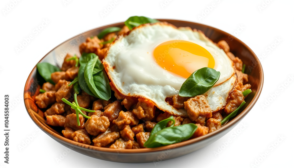 Thai food (Pad Kaprao Moo Kai Dao), stir-fried holy basil with minced pork and fried egg isolated with white highlights, png Thai food (Pad Kaprao Moo Kai Dao), stir-fried holy basil with minced pork and fried egg isolated with white highlights, png