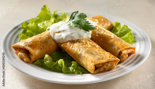 presentation of flautas filled with chicken, garnished with lettuce, cheese