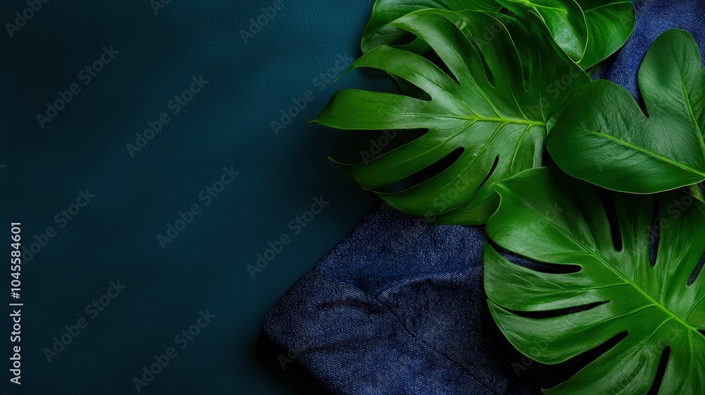 Obraz premium Tropical Leaves and Denim Fabric on Teal Background Minimalist Design