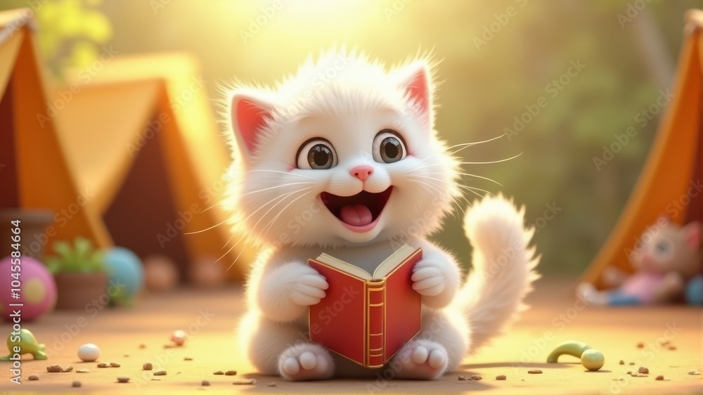 Fototapeta premium Adorable fluffy white kitten joyfully holding a book outdoors under warm sunlight, surrounded by play items.