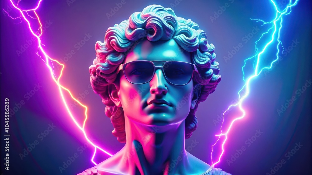 A Classic Sculpture Reimagined with Modern Aesthetics, Bathed in Neon Lights and Surrounded by Dynamic Lightning Strikes A Classic Sculpture Reimagined with Modern Aesthetics, Bathed in Neon Lights and Surrounded by Dynamic Lightning Strikes